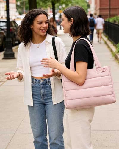 Image of BAGSMART Small Tote Bag for Women, Puffer Quilted Work Tote Bag, Zipper Closure for Work Travel College, Pink