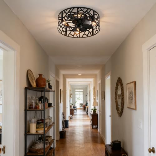 Image of 18 inch Caged Ceiling Fan with Light Vintage Black,Flush Mount Fandelier Ceiling Fan with Lights and Remote,Farmhouse Ceiling Fans for Bedroom, Kitchen, Living Room