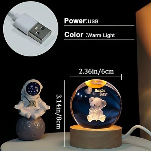 Image of 3D Crystal Ball Night Light with Wooden Base, Aesthetic Clear LED Lamp for Home and Bedroom Touch Switch, Warm Light for Kids and Teens Perfect Birthday & Anniversary (Teddy Lamp)