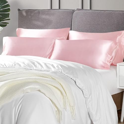 Image of Satin Pillow Covers Set of 2 - Soft & Smooth Pillowcases for Hair & Skin Care | Envelope Closure | Includes 3 Free Random Color Scrunchies | Frizz-Free Sleep Essentials (Pink)