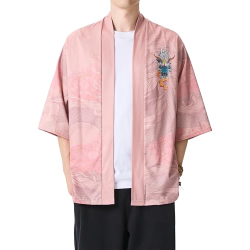 Image of PRIJOUHE Men's Japanese Kimono Cardigan Jackets Casual Long Sleeve Open Front Coat Lightweight Yukata Outwear