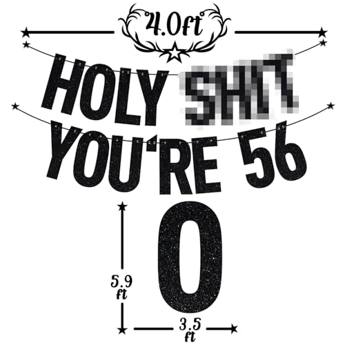 Image of Black Glitter Holy Sh*t You're 56 Banner, Happy 56th Birthday /Cheers to 56 Years, Funny 56 Years Old Birthday Party Decorations Supplies