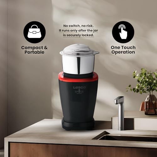 Image of Lesco Spice Grinder, Black & Red | Fine Grind in 20 Secs, 1 Stainless Steel Jar, 20000 RPM Copper Motor, Coffee & Chutney Grinder, 2 Years Warranty
