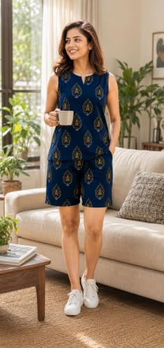 Image of Women's Cotton Night Suit Set - Soft Half Sleeve Top & Printed Shorts for Comfortable Sleepwear & Loungewear | Stylish Summer Nightwear for Women