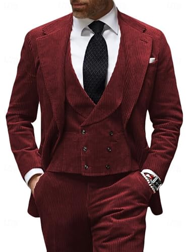 3 Piece Men's Corduroy Suits Slim Fit Suits for Men Double Breasted Blazer Vest Pants Set Wedding Prom Tuxedo Suits