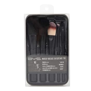 BYS Makeup Brushes in Collectible Keepsake Tin, Black- 5-Piece Set, MUA Beauty Kit, Vegan & Skin-Friendly