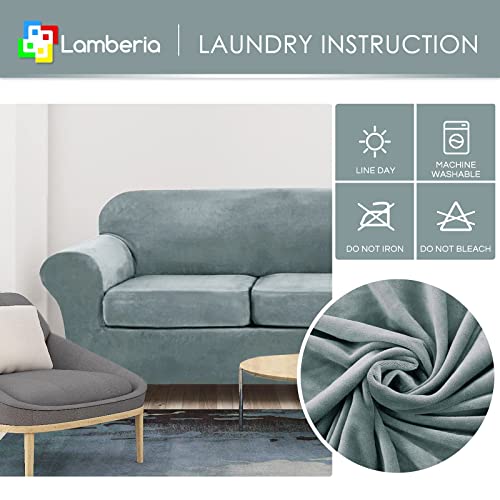 Lamberia High Stretch Sofa Cover For 2 Cushion Couch Loveseat Cover 3 Pieces Thick &Washable Plush Velvet Sofa Slipcover Couch Cover Furniture Protector For Dogs,Pets&Kids (Stone Blue, Sofa-L) #TOP3