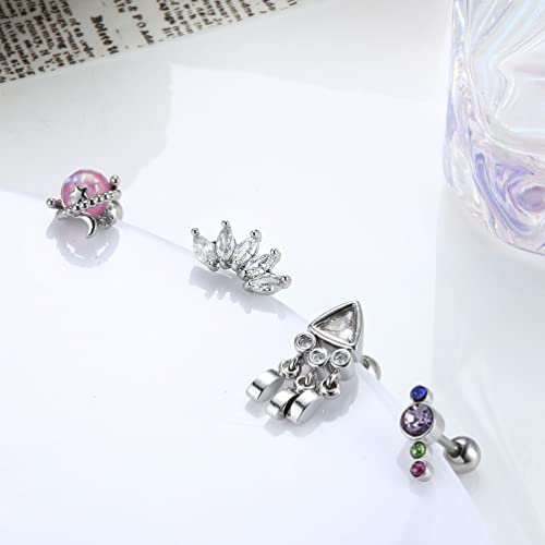 Drperfect Cartilage Earring Set For Women Stainless Steel 18G Cz Butterfly Flower Star Moon Cartilage Stud Earrings 20G Cartilage Hoop Earrings Spiral Curved Dangle Cartilage Helix Tragus Conch Ear Piercing Jewelry #TOP3