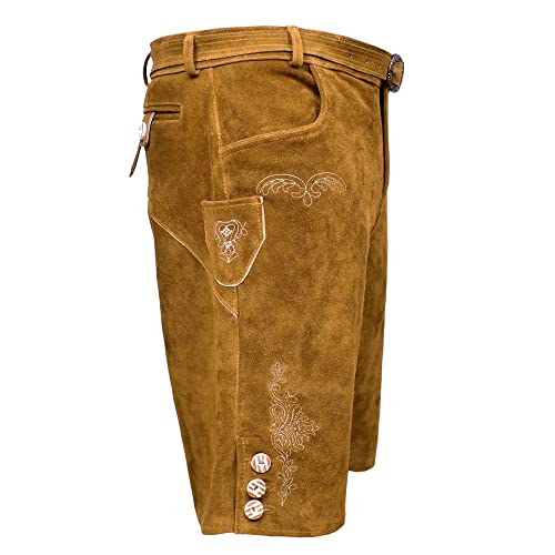 MS-Trachten Korte heren leren broek Luca lichtbruin klederdrachtbroek met riem - Afbeelding 4