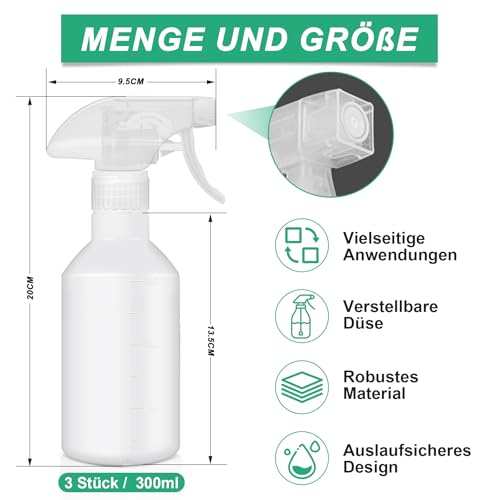 Dreamark 3 Stück Sprühflasche 300ml Kunststoff Leere Sprühflaschen Mit Verstellbarem Sprühkopf Für Pflanzen, Haare, Haustierpflege, Glas- & Autoreinigung, Haushalt & Garten