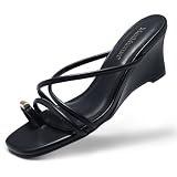 MaxMuxun Women's Black Wedge Strappy Sandals Comfortable Dressy Casual Summer Slip on Toe Ring Flip Flops Shoes Size 7
