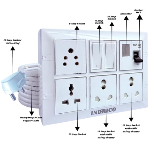 Image of INDRICO 16amps Multi Socket Extension AC Switch Board 15amp with MCB 20A 15A 6A Multi Outlet Box Plug with Copper Cord Heavy Duty Wall Mounted White Pack of 1 (5 Meter 4MM (5000W))