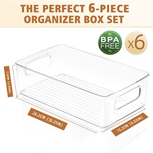 Fridge Organisers Set of 6,Refrigerator Storage Box Stackable Fridge Storage Containers with Handles Clear Kitchen Cupboard Organiser for Fridge Kitchen Pantry Cabinets Bathroom Drawer - BPA Free