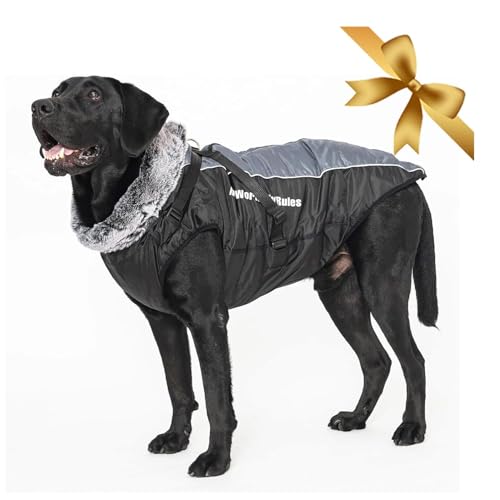 Vivi Bear Hundemantel Grosse Hunde hundemantel wasserdicht Hundekleidung mit Leinenschlaufe weichem Fleece-Nackenschutz geeignet (Black, 5XL)