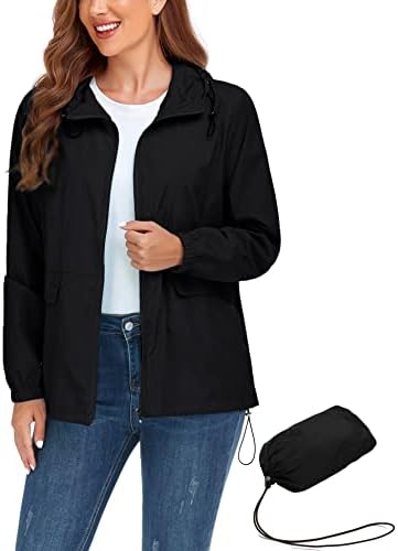 JMinger Rain Jacket For Women Packable Lightweight Hoodie Outdoor Raincoats Black Medium