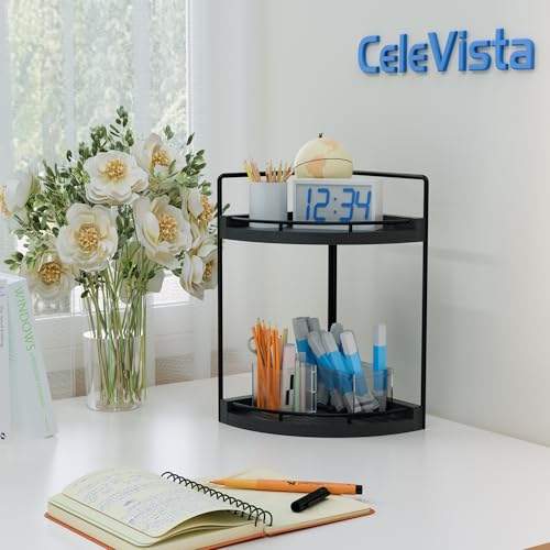 Image of Corner Bathroom Counter Organizer, 2 Tier Wood Vanity Storage, Waterproof Skincare Shelf for Kitchen & Toiletries Decor, Dresser (Black-2 Tier)