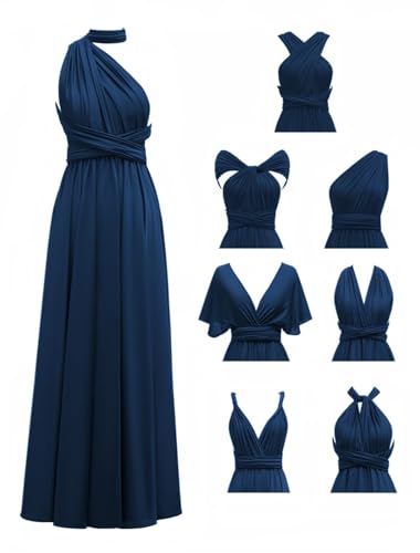 Lanbaodress Women's Long Infinity Dress for Wedding A Line Twist Wrap Convertible Transformer Bridesmaid Dresses with Bandeau Dark Navy Plus Size
