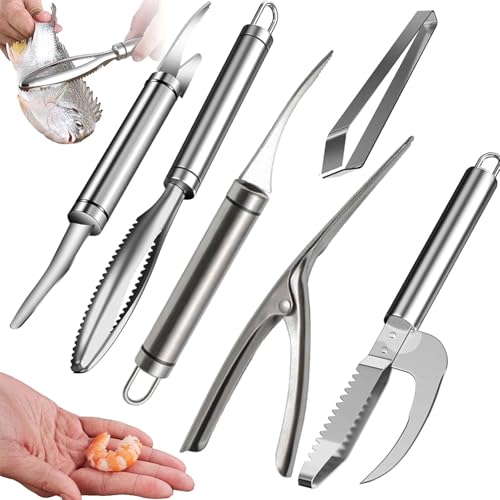 6PCS Fisch Entschupper, FORMVERSITY Stainless Steel Crawfish Peeler Tool, Grätenzange, Entschupper für Fisch, 6-In-1-Set Geeignet zum Entfernen von Garnelenfäden Fischschuppen Eingeweiden