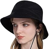 WANYIG Sonnenhut Damen Faltbar Pferdeschwanz UV Schutz Sommerhut Frauen Outdoor Hut Gartenhut Wanderhut Anglerhut Boonie Hat mit Kinnband und Zopfloch (Schwarz)