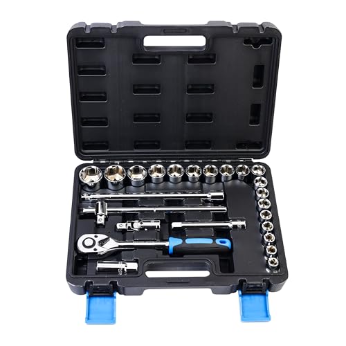 Image of Tata Agrico 24-in-1 Heavy Duty 1 /2 Inch Drive Socket Set | Hex & Bit Sockets with Ratchet Wrench | Extension Bars, Universal Joint, Spinner Handle | Mechanic Tool Kit with Storage Case | SCS003