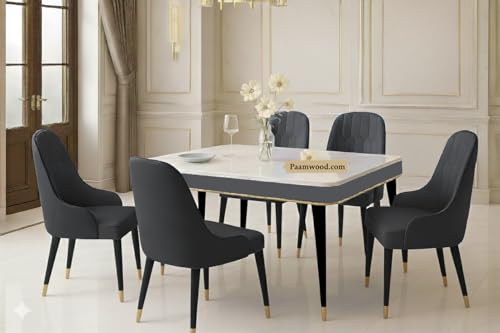 Image of Swiss Modern Dining White Marble Top Table Set with Sheesham Wood Legs, 6 Seater with Upholstered Chairs (71x36x30 Inches) (Black)