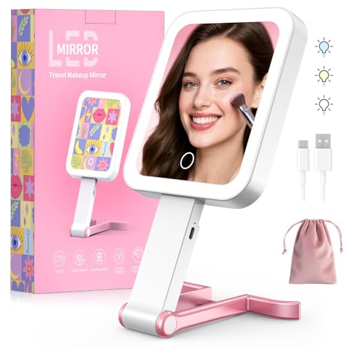 Travel Makeup Mirror with Lights 10X/1X 3 Colors USB-C Pink Portable