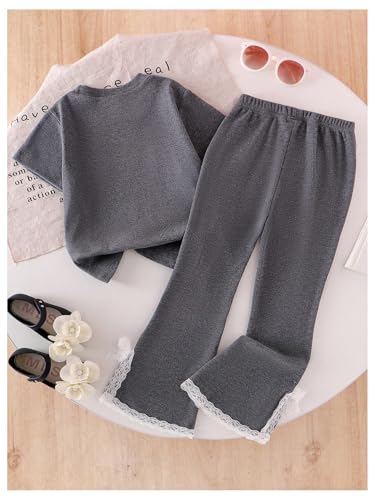 Verdusa Conjunto de 2 peças para meninas com laço de renda, gola redonda, manga curta e calça rodada