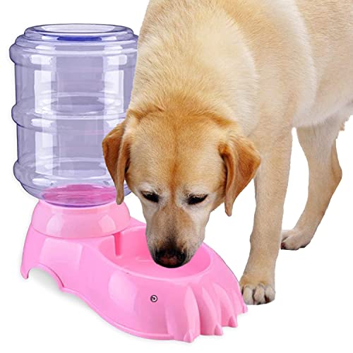 DaKos Pet Water Dispenser Station - Replenish Pet Waterer for Dog Cat Animal Automatic Gravity Water Drinking Fountain Bottle Bowl Dish Stand (Pink Cl