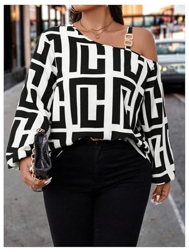 MakeMeChic Women's Plus Size Graphic Print One Shoulder Blouses Long Sleeve Party Fall Tops4