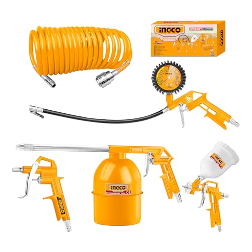Image of INGCO 5 Pcs Tools Set - Includes 4m Recoil Hose, Air Washing Gun, Spray Gun, Tire Inflating Gun, Nitto Type Connector - Suitable for Beauty and Maintenance of Various Cars or Handicrafts