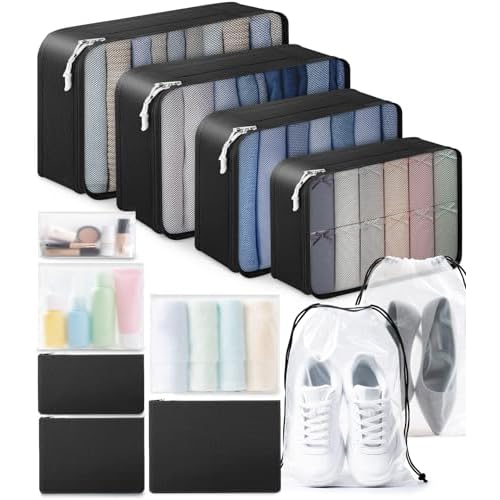 ALL INCLUDED – 12 Set Packing Cubes for Suitcases Carry On, Travel Essentials/Accessories Luggage Organizer Bags Set, Includes Cubes, Shoes Bag, Matte Cosmetic Bag, Zipper Bags