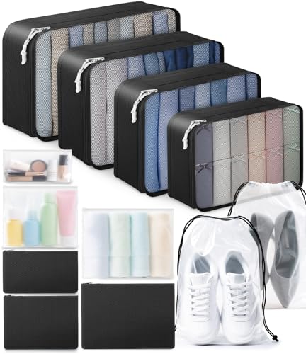 ALL INCLUDED - 12 Set Packing Cubes for Suitcases Carry On, Travel Essentials/Accessories Luggage Organizer Bags Set, Includes Cubes, Shoes Bag, Matte Cosmetic Bag, Zipper Bags