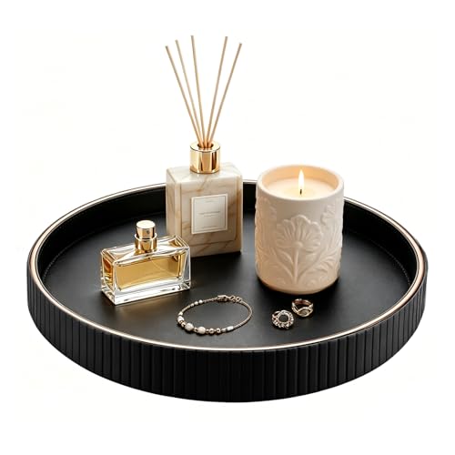 ROEOWENE Bandeja Decorativa Redonda de Cuero 30 cm, Vaciabolsillos Organizador para Joyas, Llaves y Móvil, Bandeja de Servicio para Velas Perfumes, Decoración Mesita de Noche y Salón-Negro