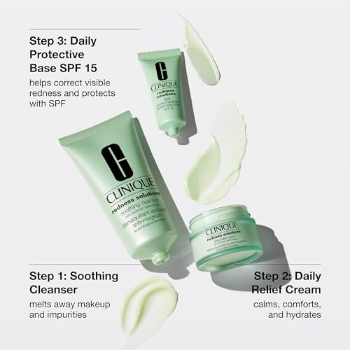 Clinique Redness Solutions Redness Regimen Skincare Set | Soothing Cleanser, 2.5 Fl Oz | Daily Relief Cream, 1 Fl Oz | Daily Protective Base Broad Spectrum SPF 15, 0.5 Fl Oz