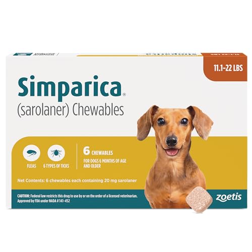 Simparica (sarolaner) Chewables for Dogs, 20 mg/tab, 11.1-22 lbs (Caramel), 6 Tablets