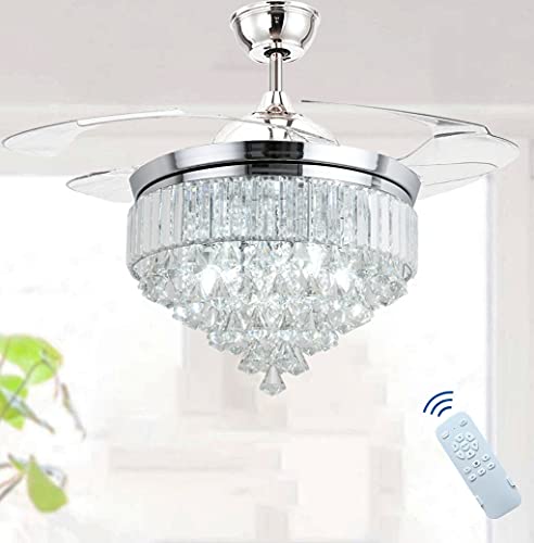 TiptonLight 42inch Modern Crystal Ceiling Fan for Living Room,Retractable Bladeless Ceiling Fan Chandelier with Light Remote Control Brushed Chandelier Fan