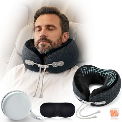 Aosun Coussin de Nuque de Voyage 4 en 1 en 1 avec Masque et Bouchon, Coussin Ergonomique en Mousse à mémoire de Forme et Coussin de Voyage, Appui-Nuque Doux...