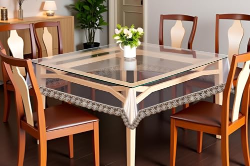 Image of The Furnishing Tree Square Shaped 4 Seater Transparent Table Cover WxL 60x60 inches 0.25 mm Thickness with Golden Lace