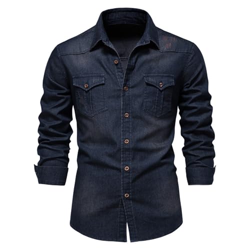 Aunribor Hombre Camisa con Botones Algodón Solapa Manga Larga Diseño Vaquero Envejecido Blusa Casual Moda Dos Bolsillos Chaqueta