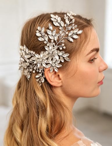 BERYUAN Rhinestone Crystal Flower Hair Comb with Headpiece for Bride, Wedding and Women Girls Silver