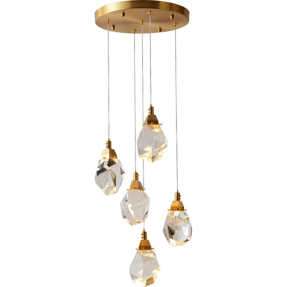 HYJAUSXB 5 Lights Crystal Pendant Light Modern Cluster Chandelier For Foyer Entryway Vintage Gold LED Raindrop Round Hanging Dining Room Bedroom Kitchen Island Stairwell Staircase Farmho