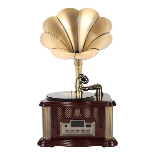 Bluetooth-Lautsprecher in Grammophonform, Retro-Plattenspieler-Phonograph-Lautsprecher, Unterstützt Bluetooth 5.0, USB, UKW-Radio, mit Zink-Ally-Horn (Kaffee)
