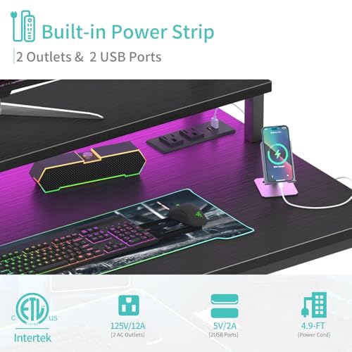 Lufeiya Small Desk with Power Outlets and LED Lights, 32 Inch Teen Writing Study Table Home Office Computer Desks with Monitor Stand, Gaming Desk with Charging Station, Black - Thumbnail 6