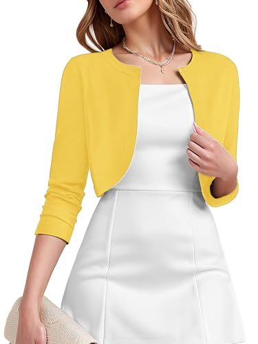 Heymoments Women's Thin Shrugs for Dresses Yellow Medium Open Front 3/4 Sleeve Knit Lightweight Crop Cardigan Dressy Cropped Tops Coat Sweater Clothes