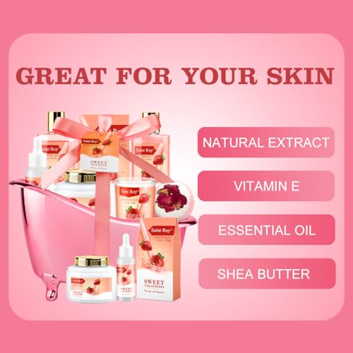 Spa Kit for Women, Bath & Body Gift Set, Luxury Home Spa Bath Gift Basket, Strawberry Scented Bath Set Christmas Gifts for Women, Pamper Gifts for Girls & Teens, Birthday Gift, Bath Self Care Gift