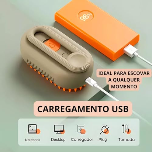 Escova Pet 3 em 1 a Vapor para Cães e Gatos - Autolimpante, Massagem e Remoção de Pelos - Recarregáv