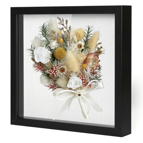 Image of Muzilife 10x10 Shadow Box Picture Frame with Linen Board - Deep Wood & Glass Display Case Ready to Hang Perfect to Display Baby & Sports Memorabilia, Pins, Awards, Medals, Tickets and Photos (Black)