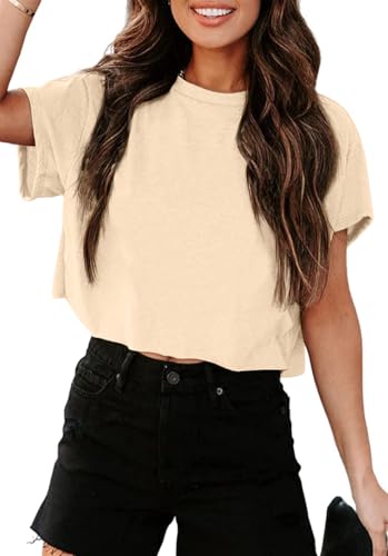 Tankaneo Women Short Sleeve Cropped T-Shirts Crew Neck Loose Crop