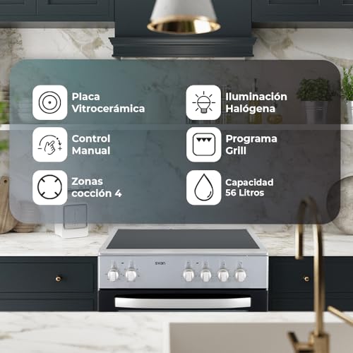 Svan Cocina Eléctrica con Horno Eléctrico 56L, 4 Zonas de Cocinado, Horno con Grill, 6 Programas de cocción, Inox SKV4600X. Acabado en Cristal negro, Eficiencia Energética Clase A - imagen 7