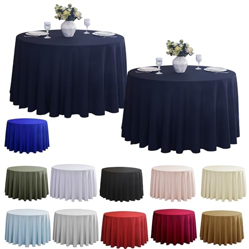 Image of 2-Pack Round 90-inch Navy Blue Table Cloths, Solid Stain and Wrinkle Resistant Circular Tablecloth, Premium Plain Weave Polyester Fabric Table Linen Covers for Hotel, Banquet
